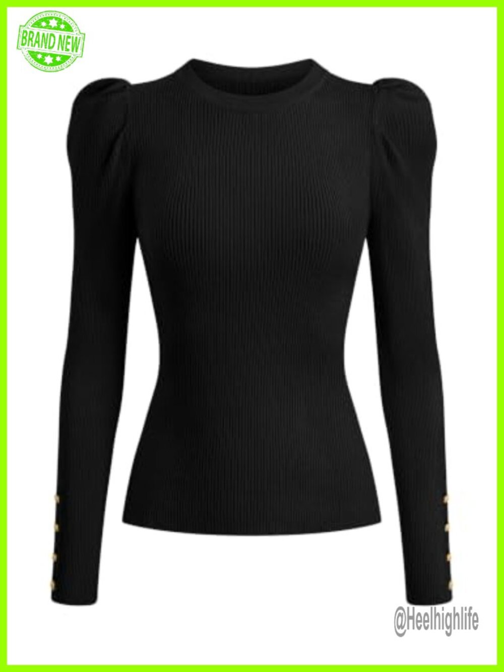 Ribbed Knit Puff Sleeve Crew Neck Pullover Sweater Fall